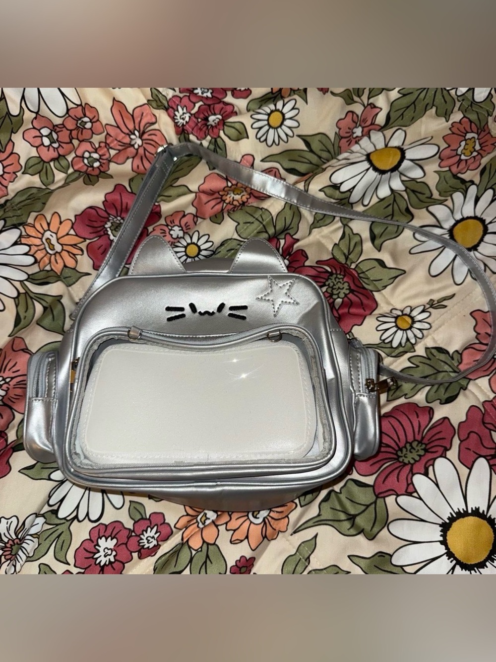 Silver Cat “ita” Crossbody Bag with Clear Front Pocket